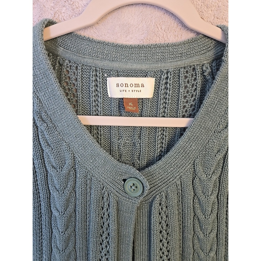 Sonoma Short Sleeve Open Front Cardigan Green Large 1 Button Sz XL - Picture 2 of 8